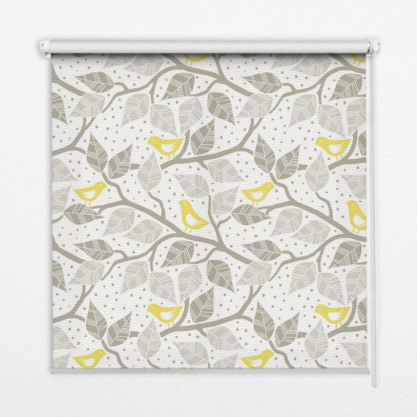 Estor enrollable para ventana con estampado de pájaros amarillos sobre ramas grises