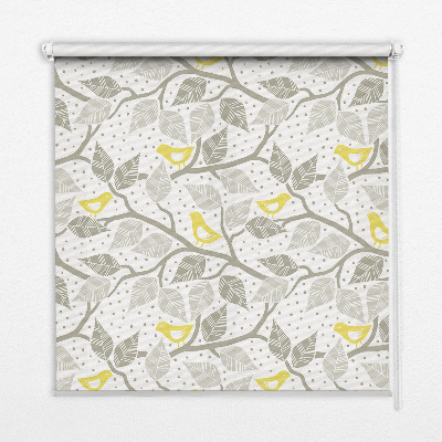 Estor enrollable para ventana con estampado de pájaros amarillos sobre ramas grises