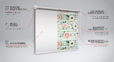 Modern roller blind con estampado de rosas sobre rayas horizontales verdes