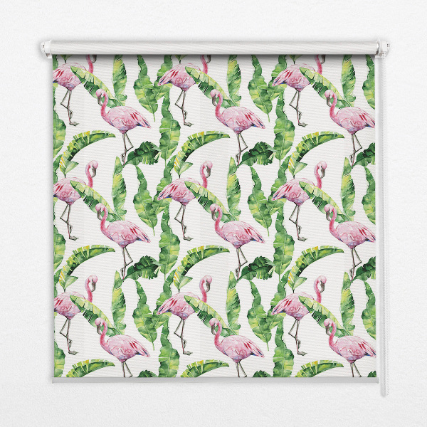Estor enrollable para ventana con estampado de flamencos junto a hojas