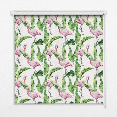 Estor enrollable para ventana con estampado de flamencos junto a hojas