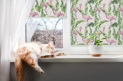 Estor enrollable para ventana con estampado de flamencos junto a hojas