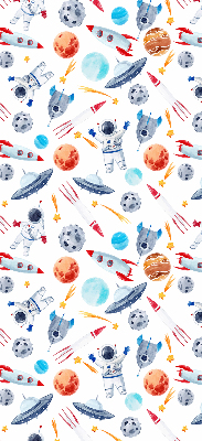 Modern roller blind con estampado de cohetes, cosmonautas, planetas y ovnis
