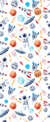 Modern roller blind con estampado de cohetes, cosmonautas, planetas y ovnis
