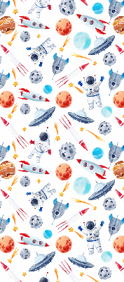 Modern roller blind con estampado de cohetes, cosmonautas, planetas y ovnis