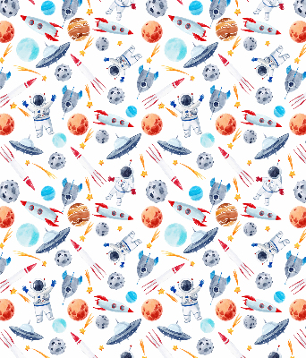 Modern roller blind con estampado de cohetes, cosmonautas, planetas y ovnis