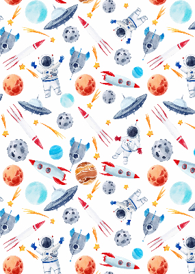 Modern roller blind con estampado de cohetes, cosmonautas, planetas y ovnis