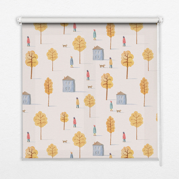 Estor enrollable para ventana con estampado de casas entre los árboles