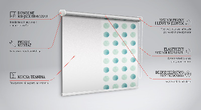 Modern roller blind con un estampado de puntos turquesa sobre fondo blanco