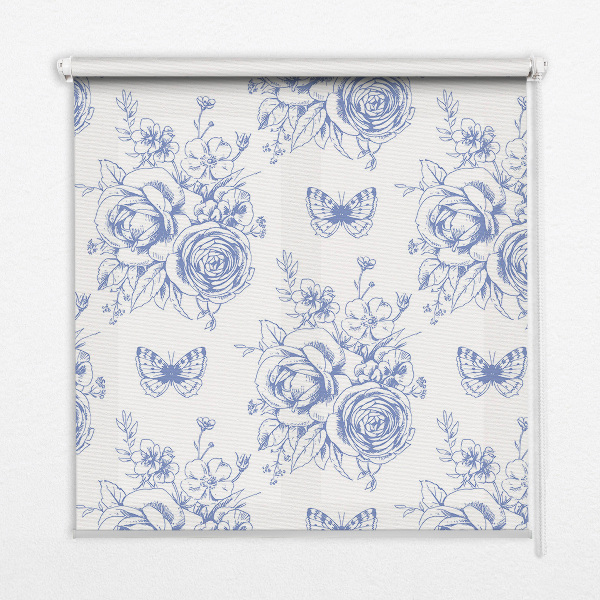 Estor enrollable con estampado de flores azules y mariposas
