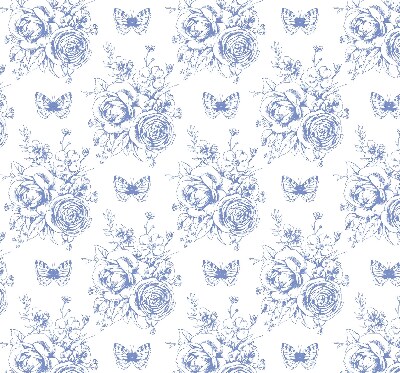 Estor enrollable con estampado de flores azules y mariposas