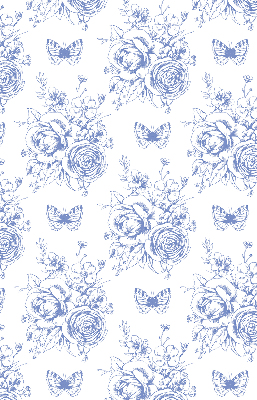 Estor enrollable con estampado de flores azules y mariposas