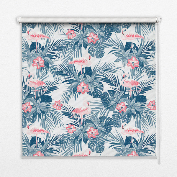 Estor enrollable para ventana con estampado de plantas tropicales y flamencos