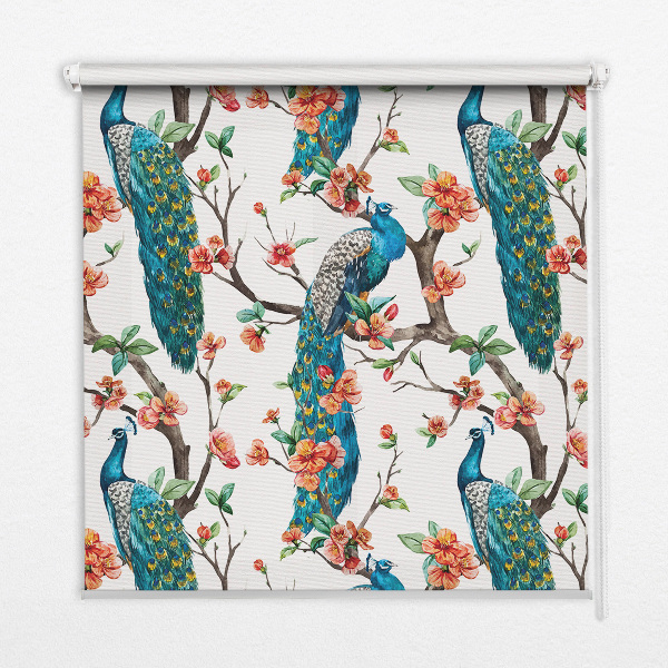 Modern roller blind con estampado de pavo real sobre una rama