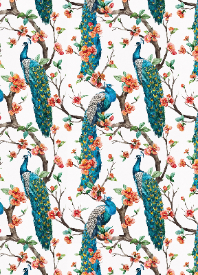 Modern roller blind con estampado de pavo real sobre una rama