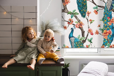 Modern roller blind con estampado de pavo real sobre una rama