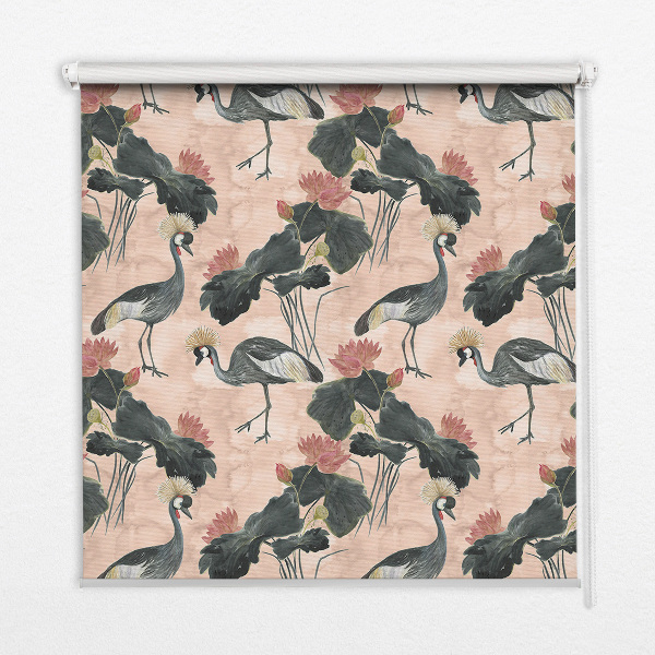 Estor enrollable para ventana con estampado de garza sobre fondo rosa
