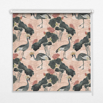 Estor enrollable para ventana con estampado de garza sobre fondo rosa