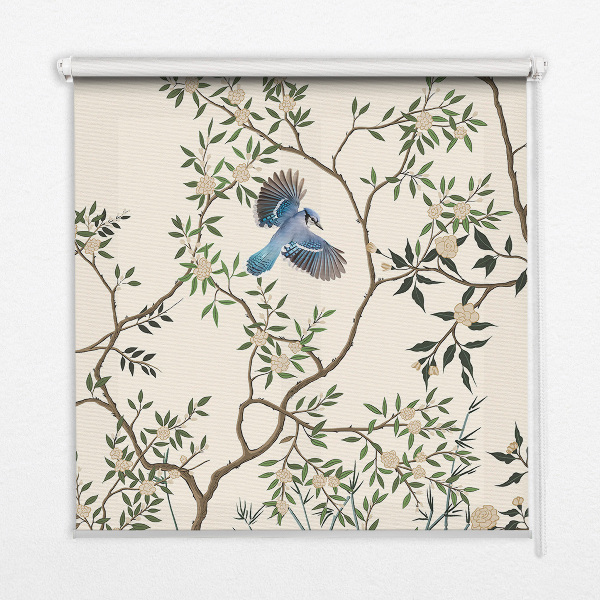 Estor enrollable para ventana con diseño de pájaros en un árbol
