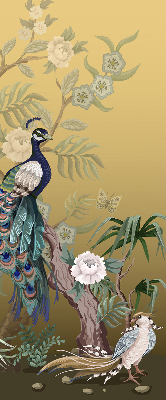 Estor enrollable para ventana con estampado de pavo real en un árbol