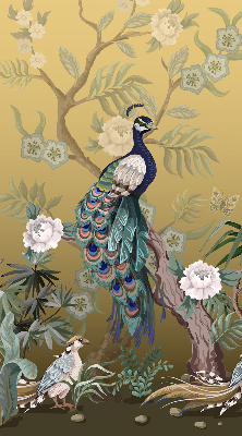 Estor enrollable para ventana con estampado de pavo real en un árbol