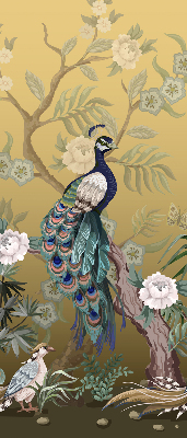 Estor enrollable para ventana con estampado de pavo real en un árbol