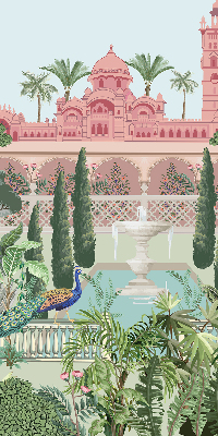 Estor enrollable con estampado de palacio y jardín