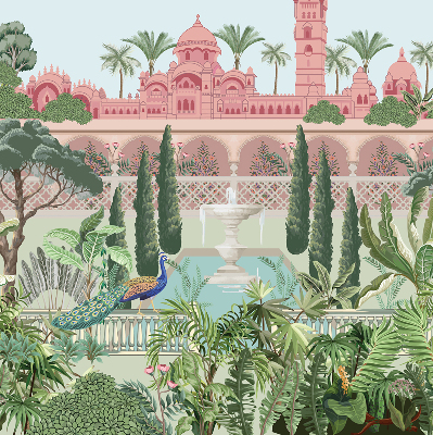 Estor enrollable con estampado de palacio y jardín