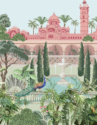 Estor enrollable con estampado de palacio y jardín