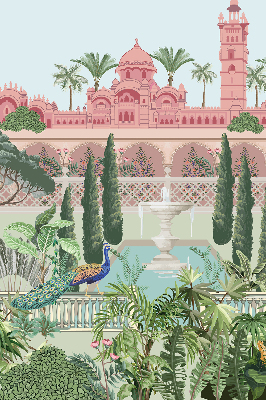 Estor enrollable con estampado de palacio y jardín