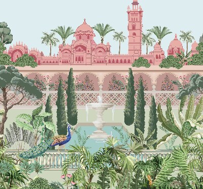 Estor enrollable con estampado de palacio y jardín