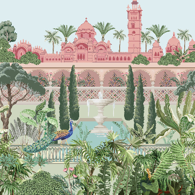 Estor enrollable con estampado de palacio y jardín