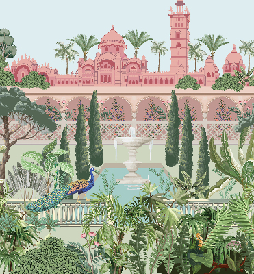 Estor enrollable con estampado de palacio y jardín