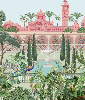 Estor enrollable con estampado de palacio y jardín