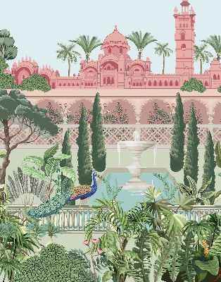 Estor enrollable con estampado de palacio y jardín