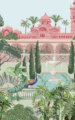 Estor enrollable con estampado de palacio y jardín