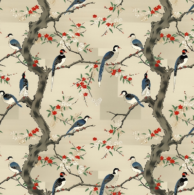 Estor enrollable con estampado de pájaros en un árbol