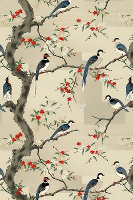 Estor enrollable con estampado de pájaros en un árbol