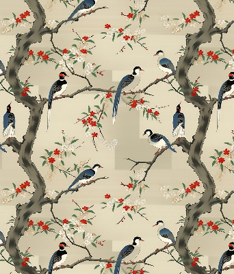 Estor enrollable con estampado de pájaros en un árbol