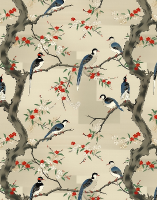 Estor enrollable con estampado de pájaros en un árbol