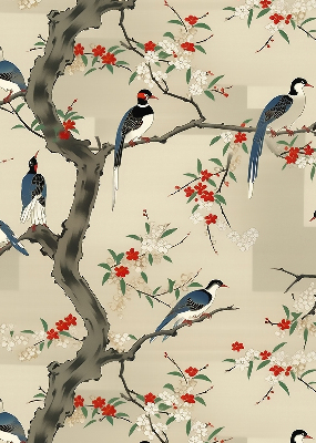 Estor enrollable con estampado de pájaros en un árbol
