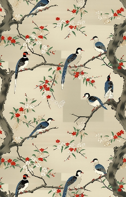 Estor enrollable con estampado de pájaros en un árbol