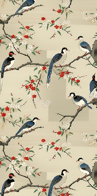 Estor enrollable con estampado de pájaros en un árbol