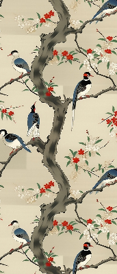 Estor enrollable con estampado de pájaros en un árbol