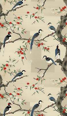 Estor enrollable con estampado de pájaros en un árbol
