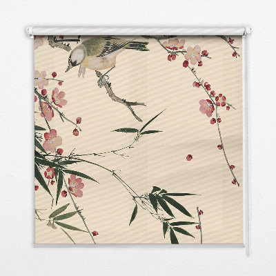 Estor enrollable con estampado de flor de cerezo y pájaros