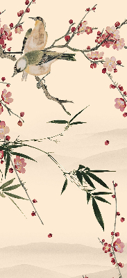 Estor enrollable con estampado de flor de cerezo y pájaros