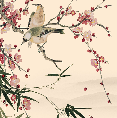 Estor enrollable con estampado de flor de cerezo y pájaros