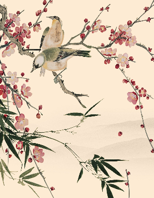 Estor enrollable con estampado de flor de cerezo y pájaros