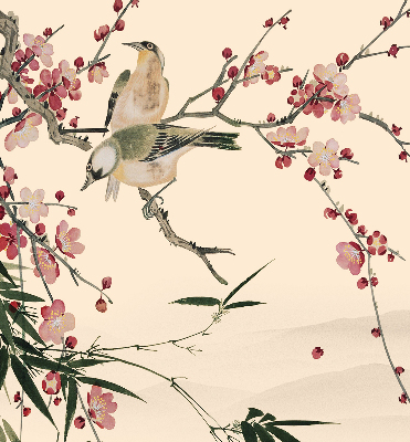 Estor enrollable con estampado de flor de cerezo y pájaros